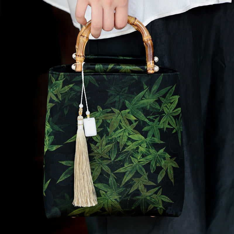 Handtasche mit Bambusblättern, Schmetterlings-Koi-Fisch und Jadegriffen