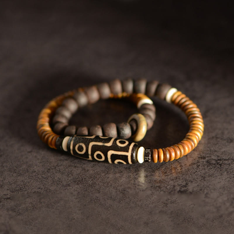 9-Eye Dzi Bead Ebony Wood Spiritual Double Wrap Bracelet