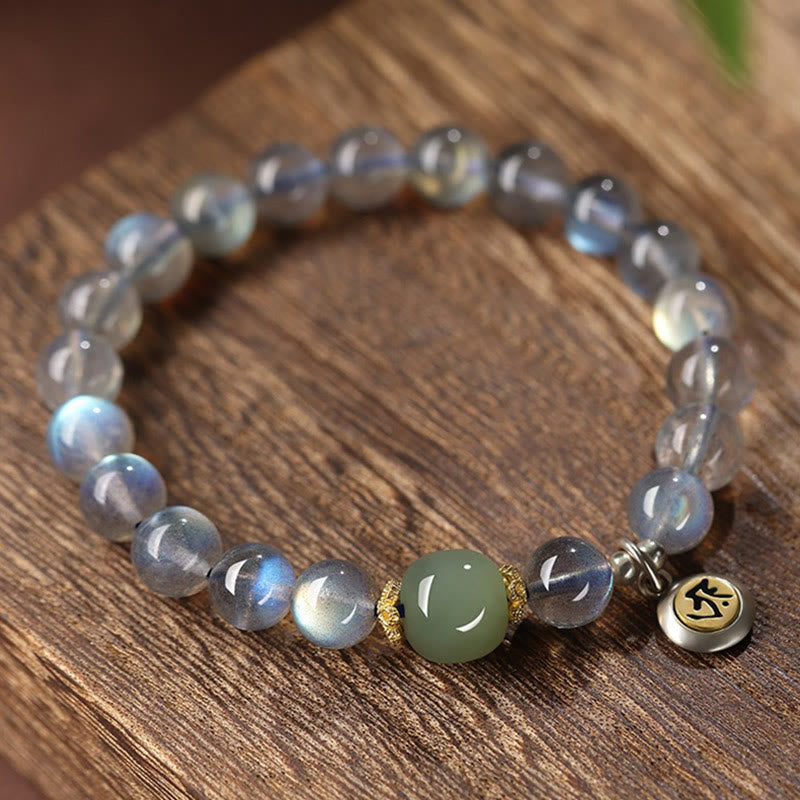 8mm Chinese Zodiac Bracelet with Moonstone and Hetian Jade for Positivity