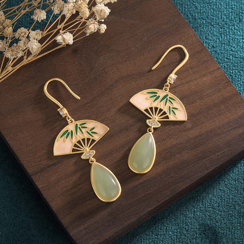 Green Aventurine Luck Drop Earrings | Fan Pattern Design