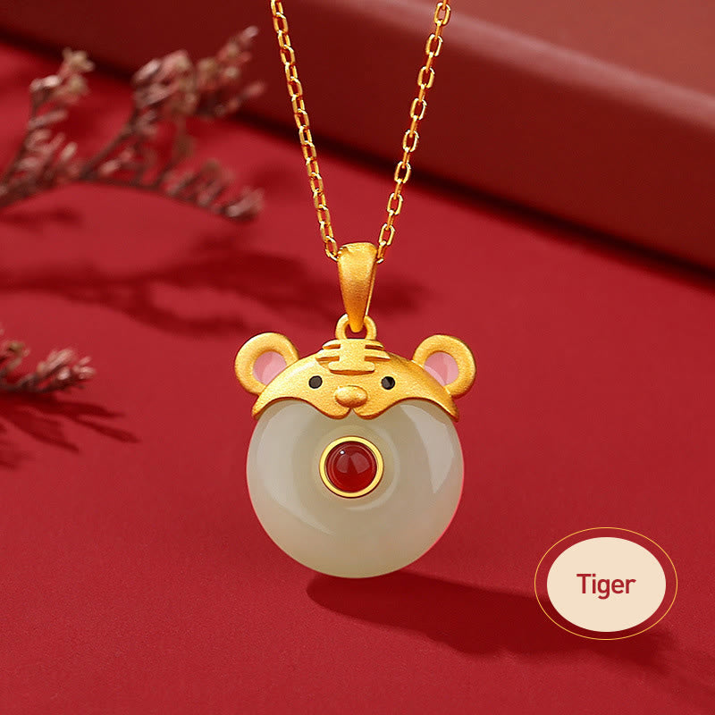 Dragon Zodiac Necklace | Sterling Silver with Hetian Jade & Red Agate