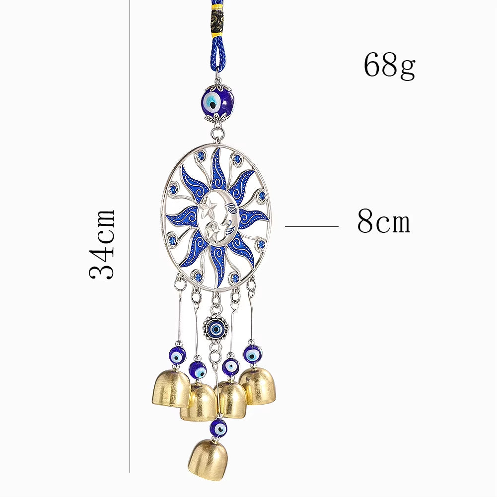 Turkish Blue Eye Wind Chimes Sun Moon Amulet Protection Wind Music Bell Hanging Decor Lucky Feng Shui Car Pendant outside Garden