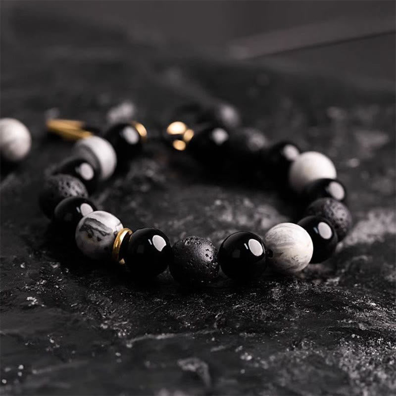Schwarzes Obsidian-Lavastein-Yin-Yang-Armband für Stärke