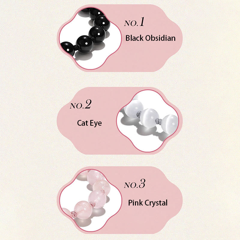 PiXiu Obsidian Cat's Eye Pink Crystal Strength Bracelet