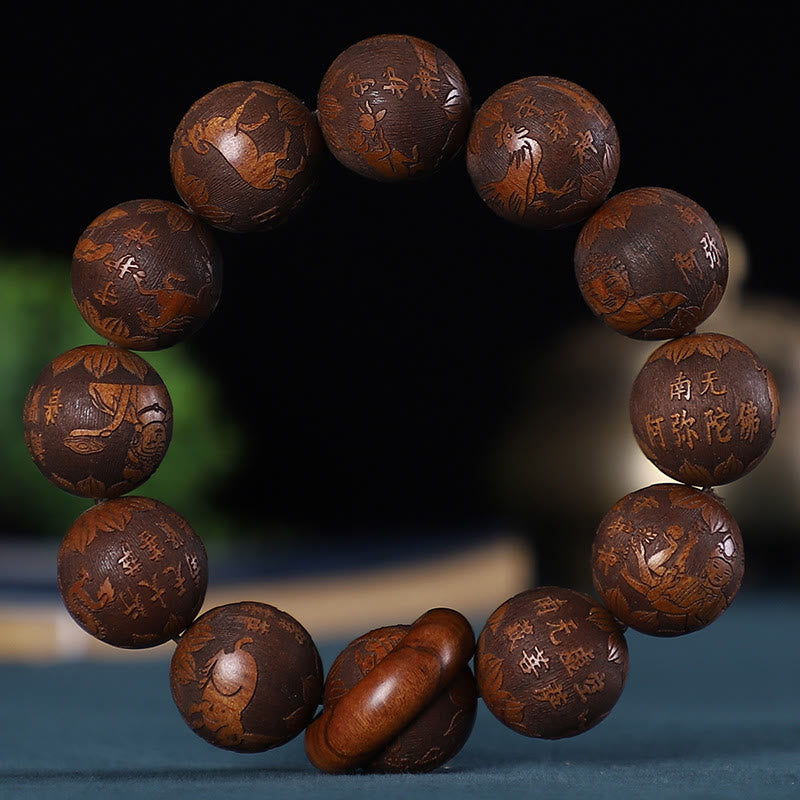 Chinesisches Sternzeichen-Armband aus Rosenholz mit geschnitzter Kupfermünze für Ruhe