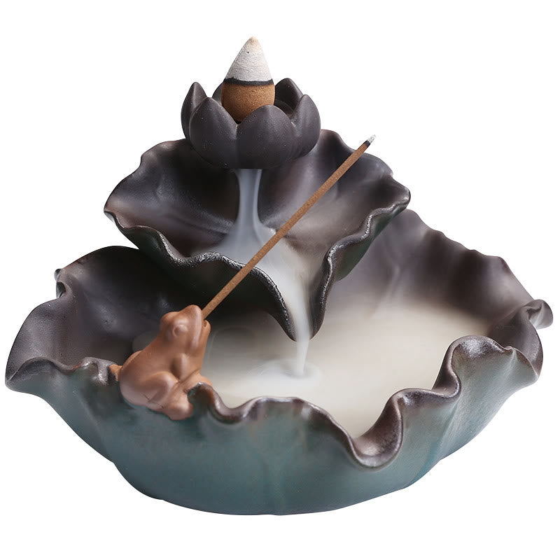 Ceramic Incense Burner Lotus Flower Frog Butterfly Decor