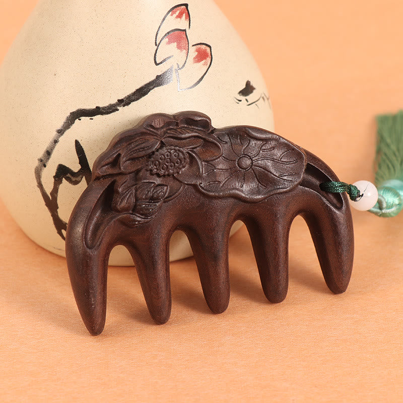 Green Sandalwood Tassel Comb with Lotus & Koi Fish Symbols