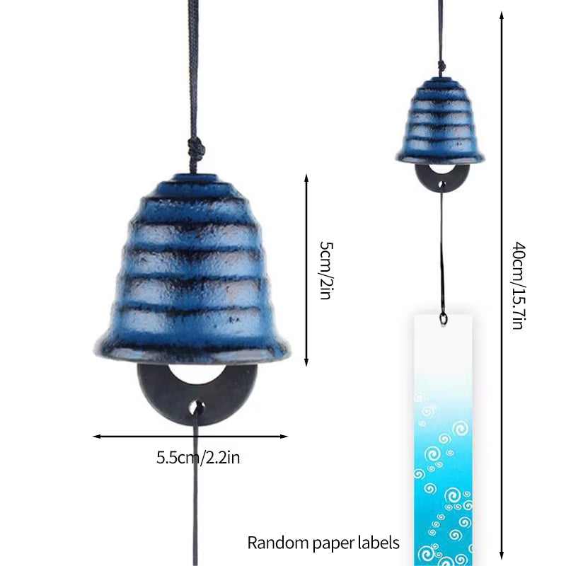 Blue striped bell-shaped Japanese Iron wind chime with dark clapper for decor