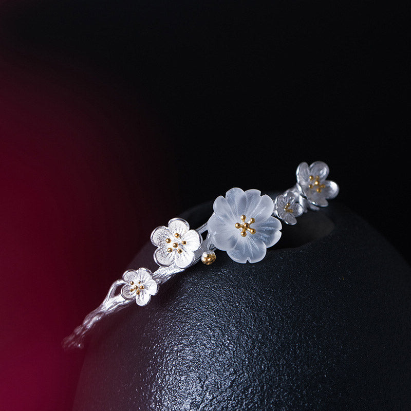 Sterling Silver Plum Flower Blessing Adjustable Spiritual Bracelet