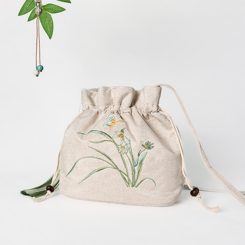 Beige Orchideengras Yogatasche aus Baumwollleinen 19x20x10 cm