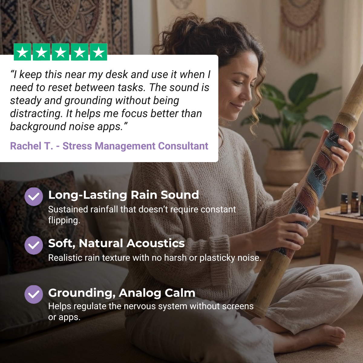 Regenstab-Instrument aus Birkenholz zur Meditation