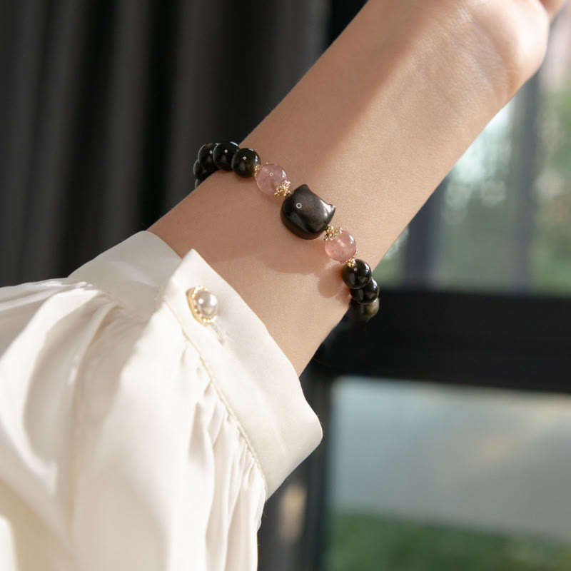 Schwarzes Obsidian-Katzenkopf-Armband für Weisheit und Stärke – 8 mm
