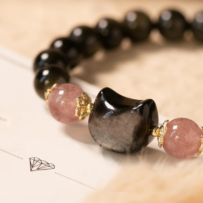 Schwarzes Obsidian-Katzenkopf-Armband für Weisheit und Stärke – 8 mm
