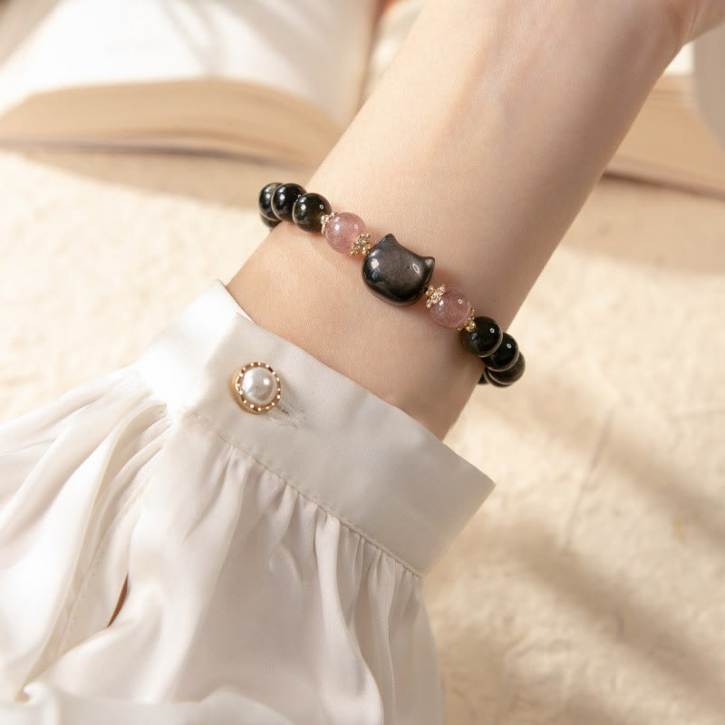Schwarzes Obsidian-Katzenkopf-Armband für Weisheit und Stärke – 8 mm