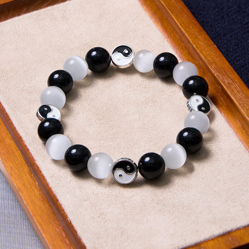 Schwarzes Obsidian-Katzenauge-Yin-Yang-Armband für Reinigung und Stärke