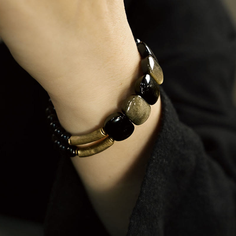 Schwarzes Obsidian-Armband mit Goldglanz-Obsidian, Stärke, 16 cm