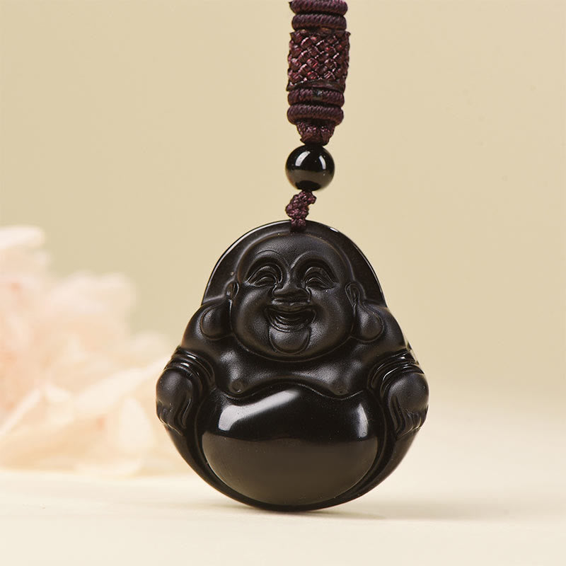 Halskette mit lachendem Buddha aus schwarzem Obsidian und Eisobsidian | Reinigung