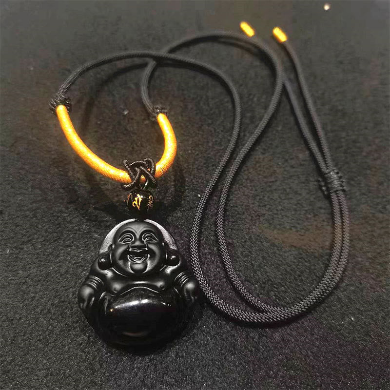 Halskette mit lachendem Buddha aus schwarzem Obsidian und Eisobsidian | Reinigung