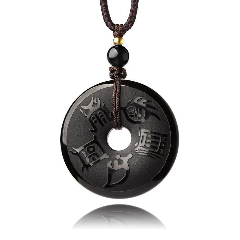 Halskette mit Peace-Schnalle aus schwarzem Obsidian und Anhänger „Fünf Heilige Berge“