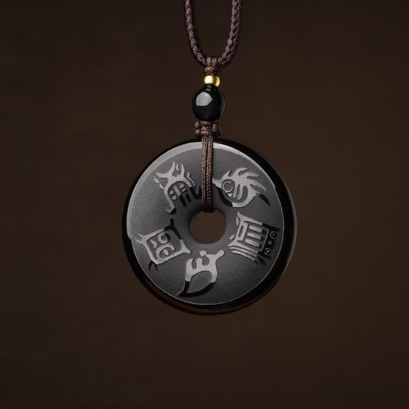 Halskette mit Peace-Schnalle aus schwarzem Obsidian und Anhänger „Fünf Heilige Berge“