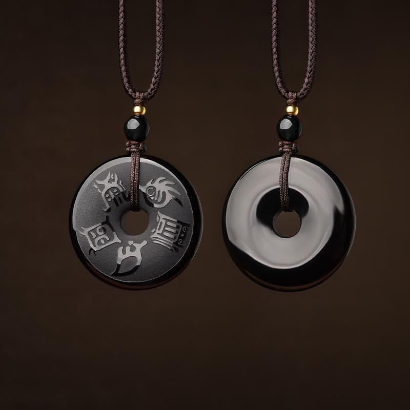 Halskette mit Peace-Schnalle aus schwarzem Obsidian und Anhänger „Fünf Heilige Berge“