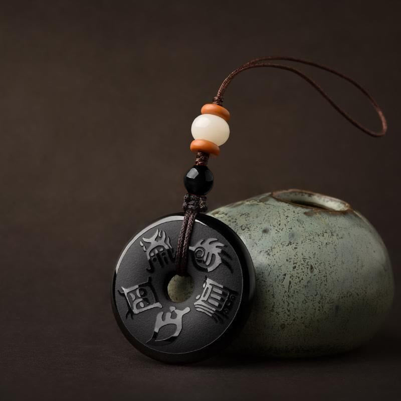 Halskette mit Peace-Schnalle aus schwarzem Obsidian und Anhänger „Fünf Heilige Berge“