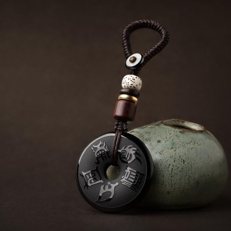 Halskette mit Peace-Schnalle aus schwarzem Obsidian und Anhänger „Fünf Heilige Berge“
