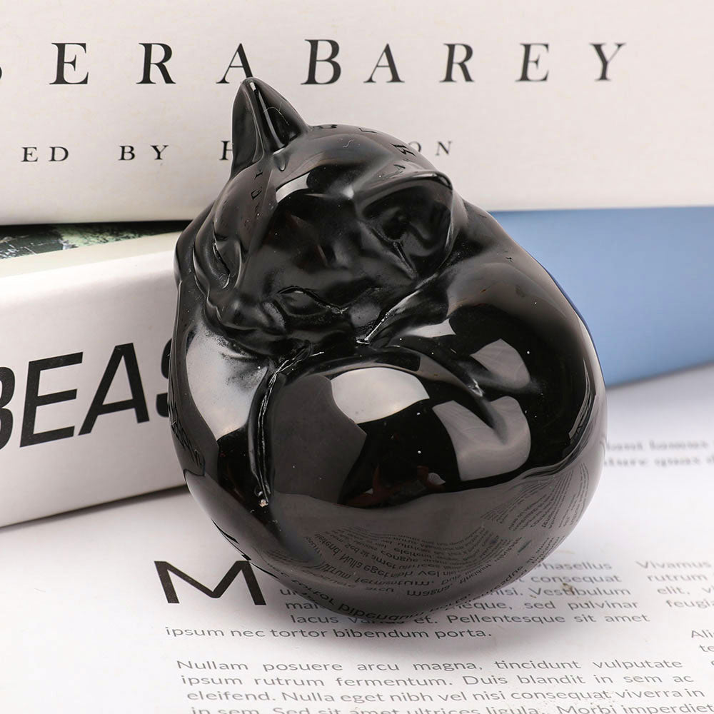 Schlafende Katze aus schwarzem Obsidian, Kristallkatzenfigur, 8,1 cm
