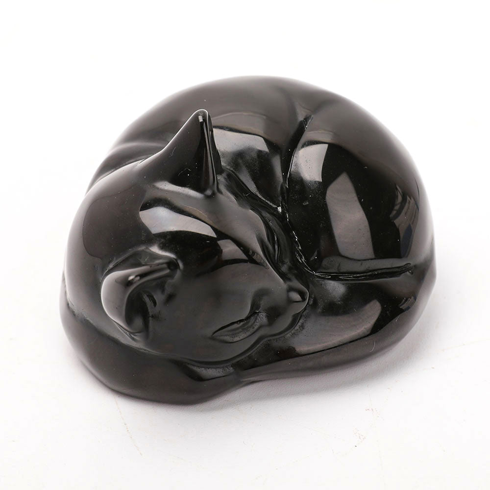 Schlafende Katze aus schwarzem Obsidian, Kristallkatzenfigur, 8,1 cm