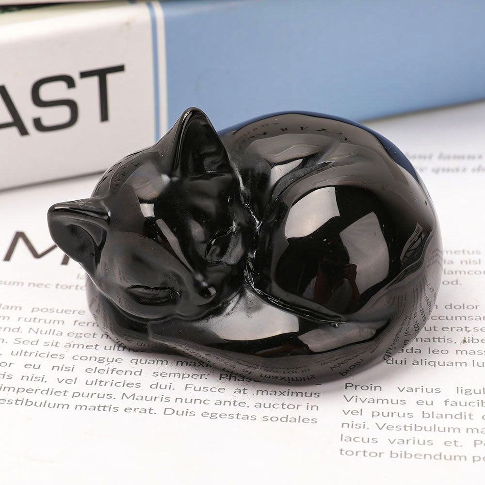 Schlafende Katze aus schwarzem Obsidian, Kristallkatzenfigur, 8,1 cm