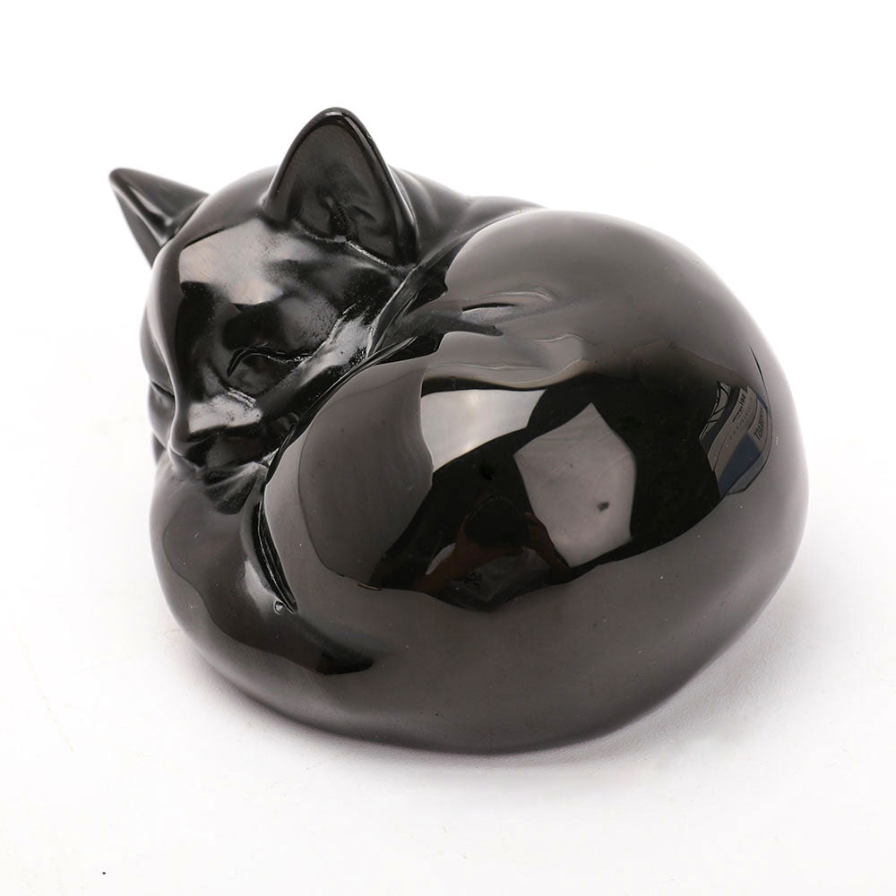 Schlafende Katze aus schwarzem Obsidian, Kristallkatzenfigur, 8,1 cm