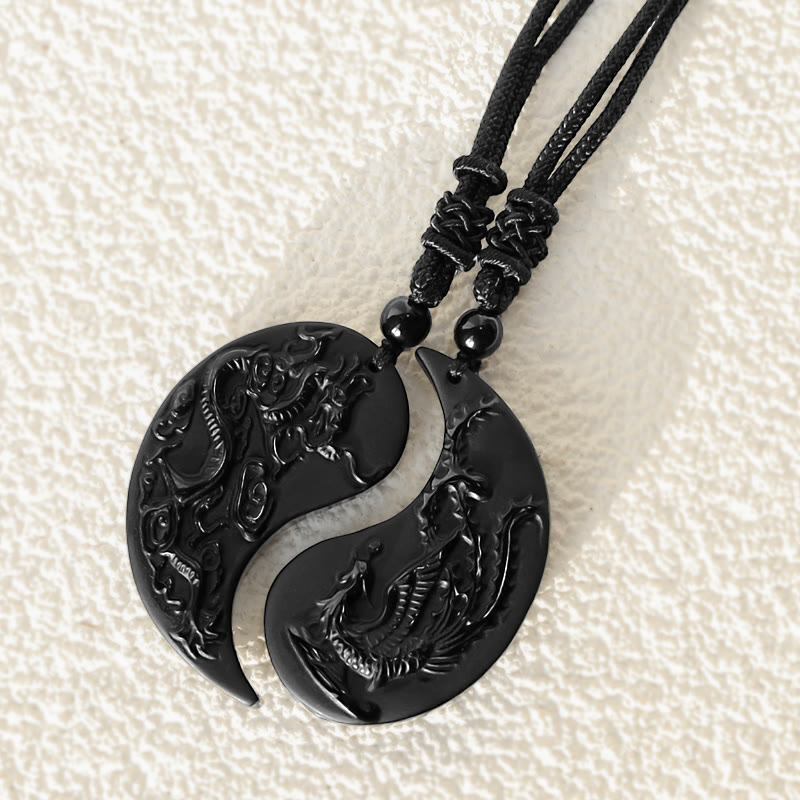 Schwarze Obsidian Yin Yang Drache Phoenix Halskette