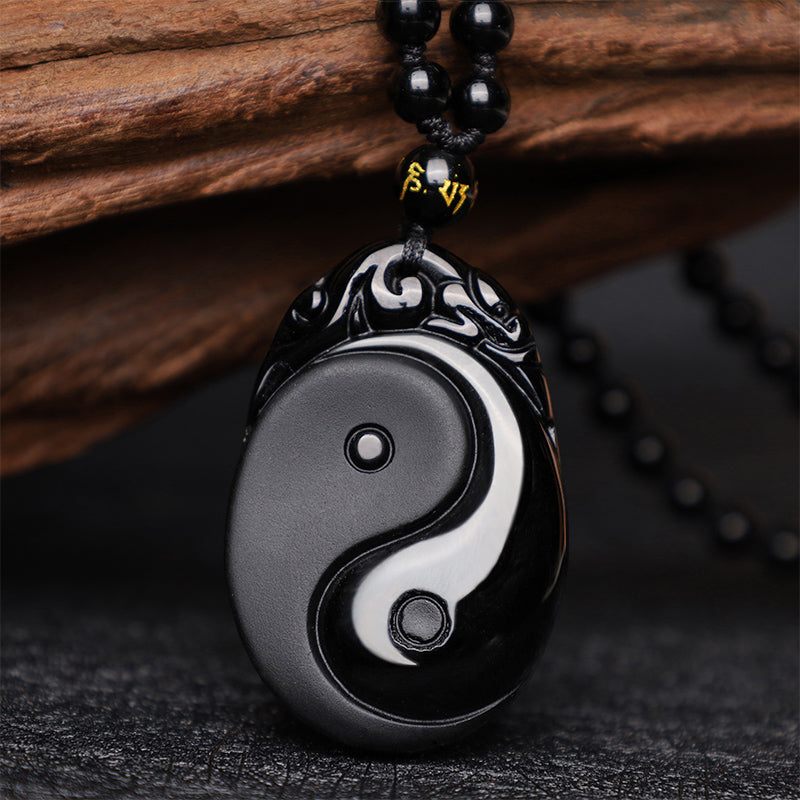 Halskette mit Anhänger „Yin Yang Erfüllung Stärke“ aus schwarzem Obsidian