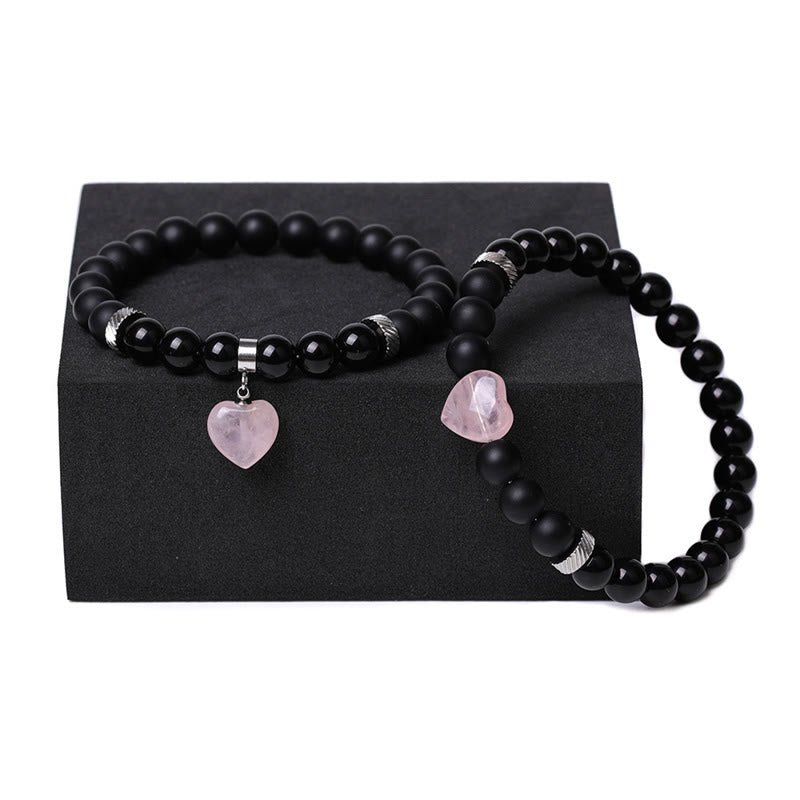 Schwarzes Onyx-Liebesherz-Schutzarmband mit 8 mm Perlen