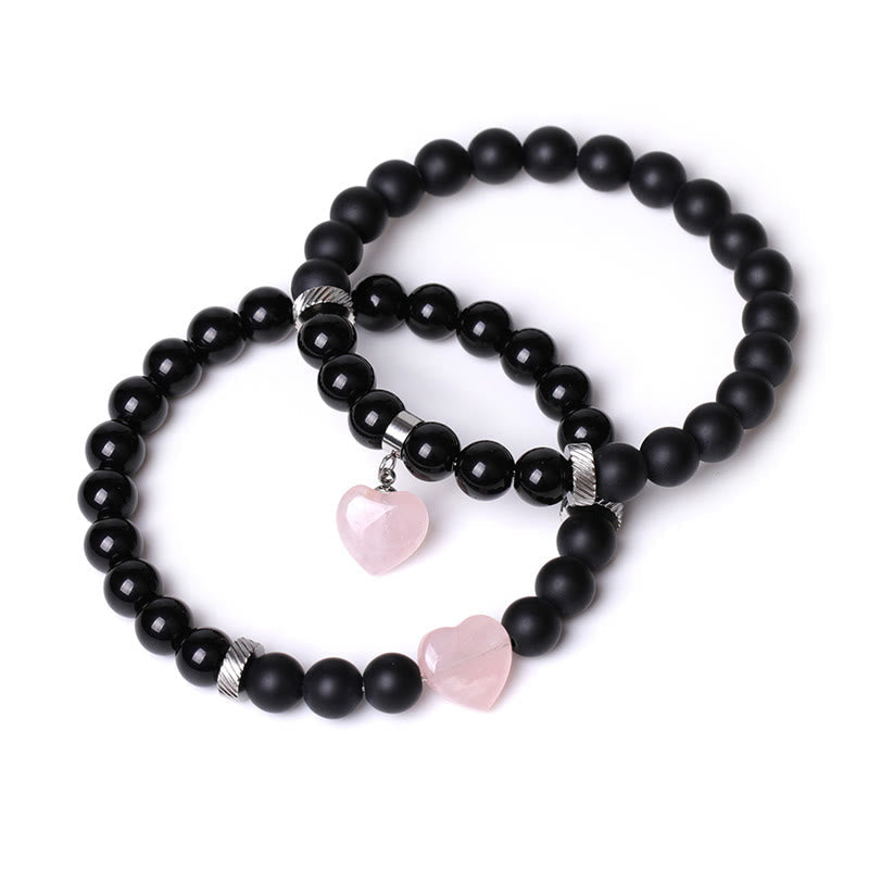 Schwarzes Onyx-Liebesherz-Schutzarmband mit 8 mm Perlen