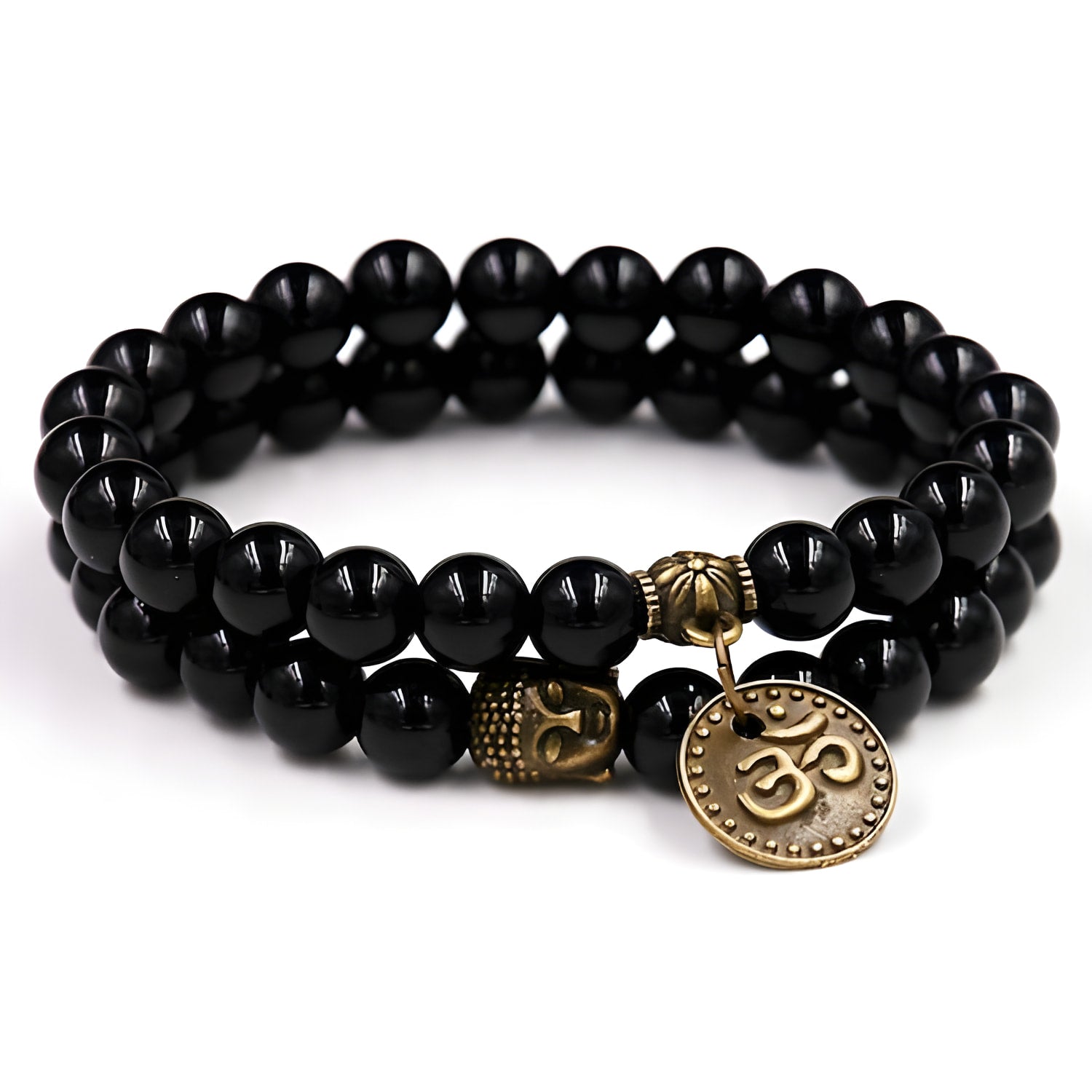 Schwarzes Onyx-Armband mit Om-Symbol und Buddha-Anhänger