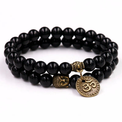 Schwarzes Onyx-Armband mit Om-Symbol und Buddha-Anhänger