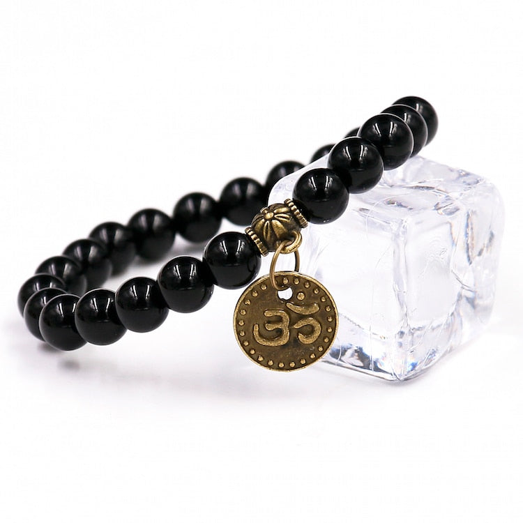 Schwarzes Onyx-Armband mit Om-Symbol und Buddha-Anhänger