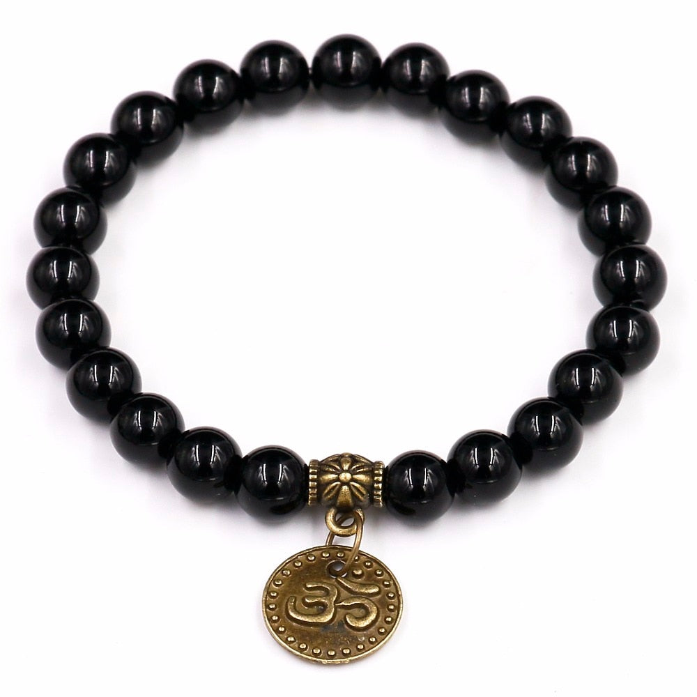 Schwarzes Onyx-Armband mit Om-Symbol und Buddha-Anhänger