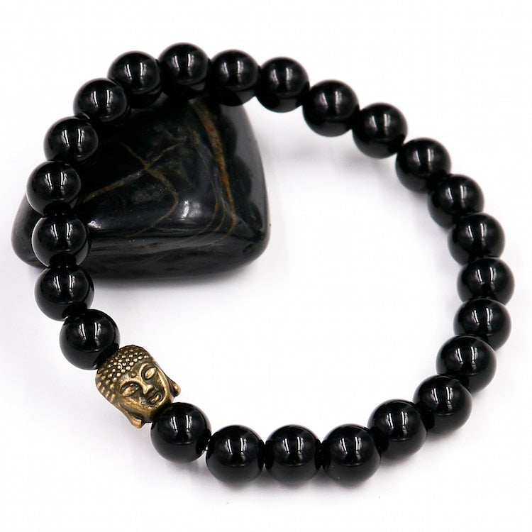 Schwarzes Onyx-Armband mit Om-Symbol und Buddha-Anhänger