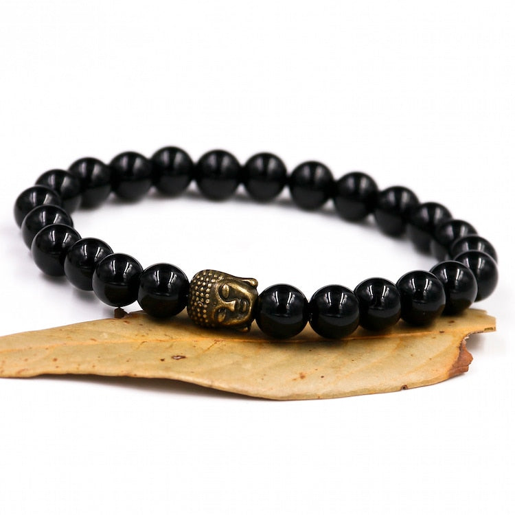 Schwarzes Onyx-Armband mit Om-Symbol und Buddha-Anhänger
