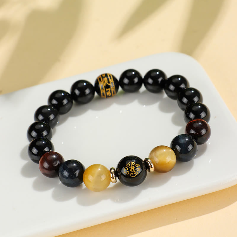 Schwarzes Onyx-Tigerauge-Armband mit chinesischem Sternzeichen