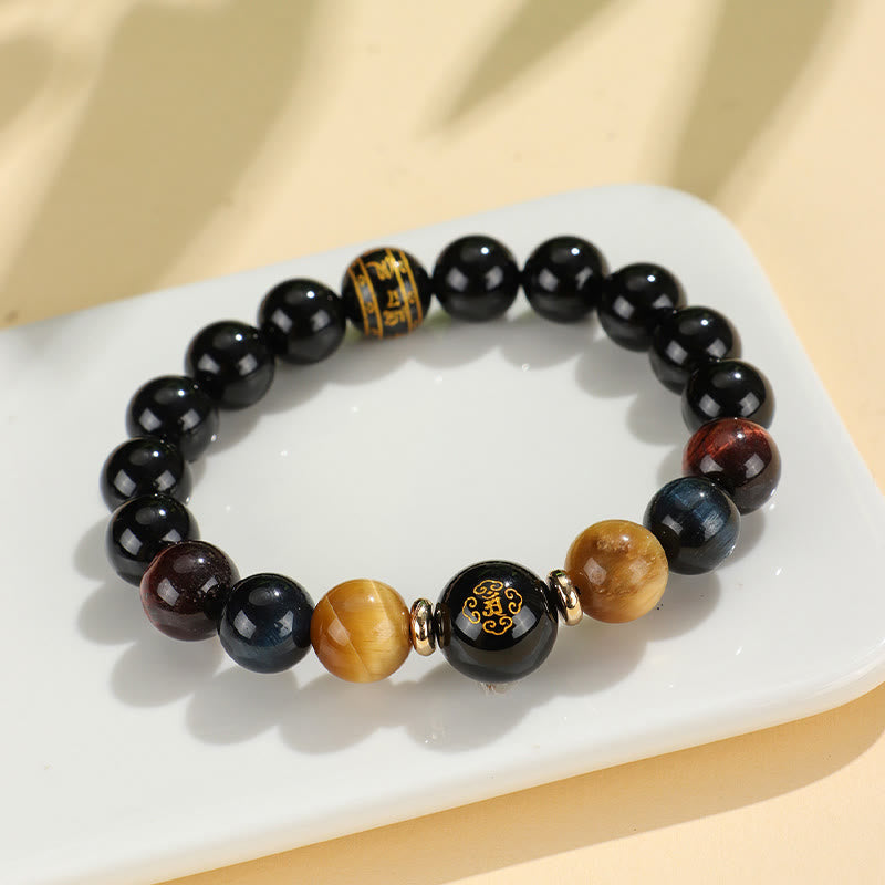 Schwarzes Onyx-Tigerauge-Armband mit chinesischem Sternzeichen