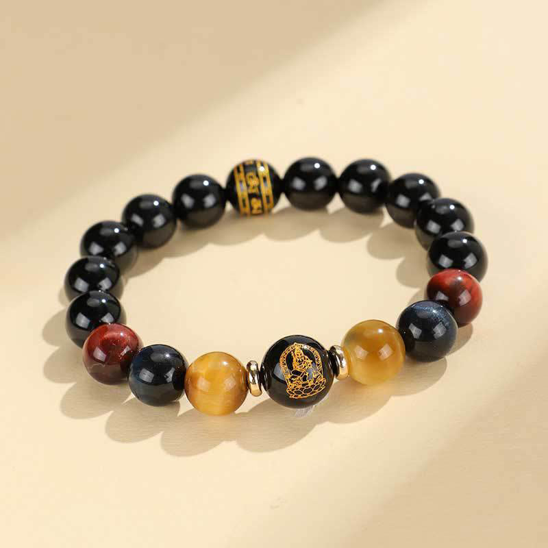 Schwarzes Onyx-Tigerauge-Armband mit chinesischem Sternzeichen