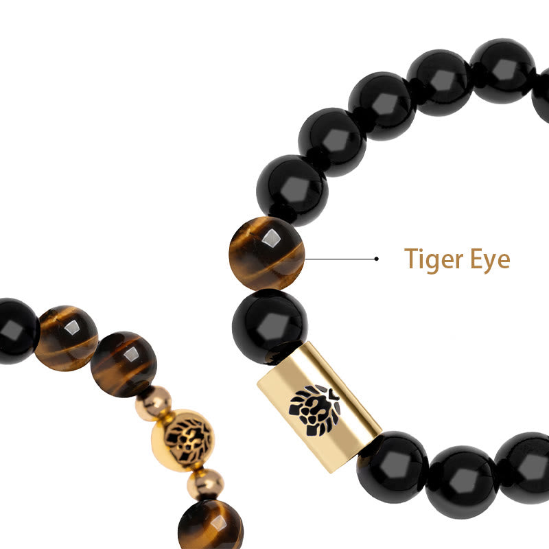 Schwarzes Onyx-Tigerauge-Schutzarmband mit Löwenperle