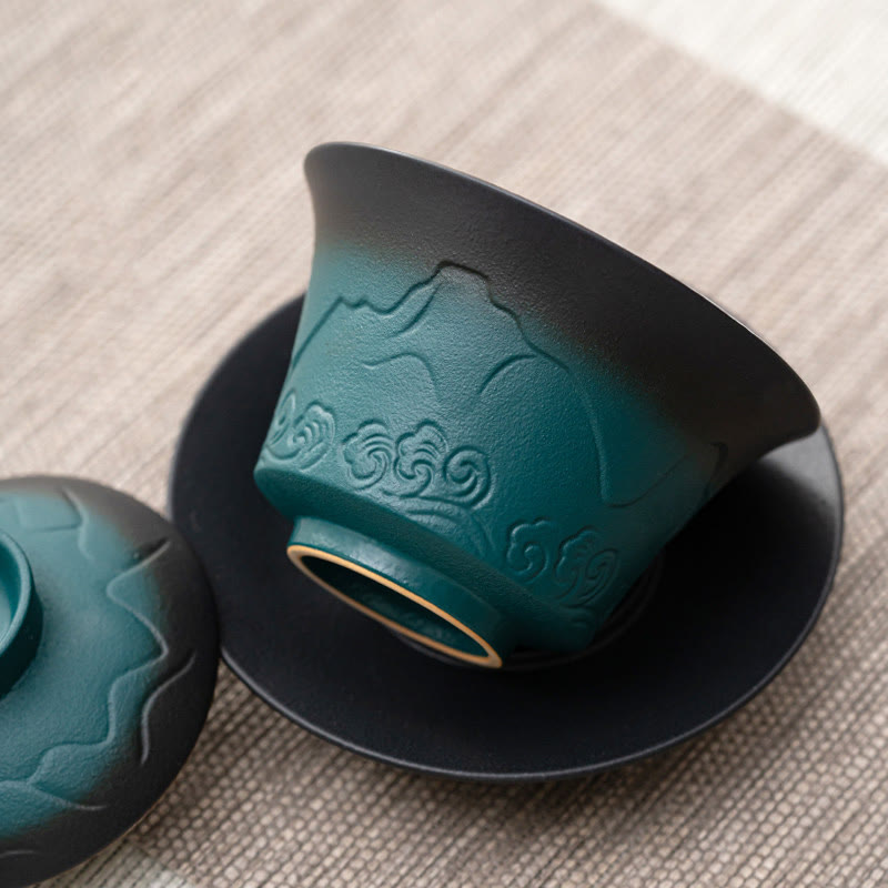 Blau-schwarze Gaiwan-Teetasse aus Keramik mit Farbverlauf | 120 ml Fassungsvermögen