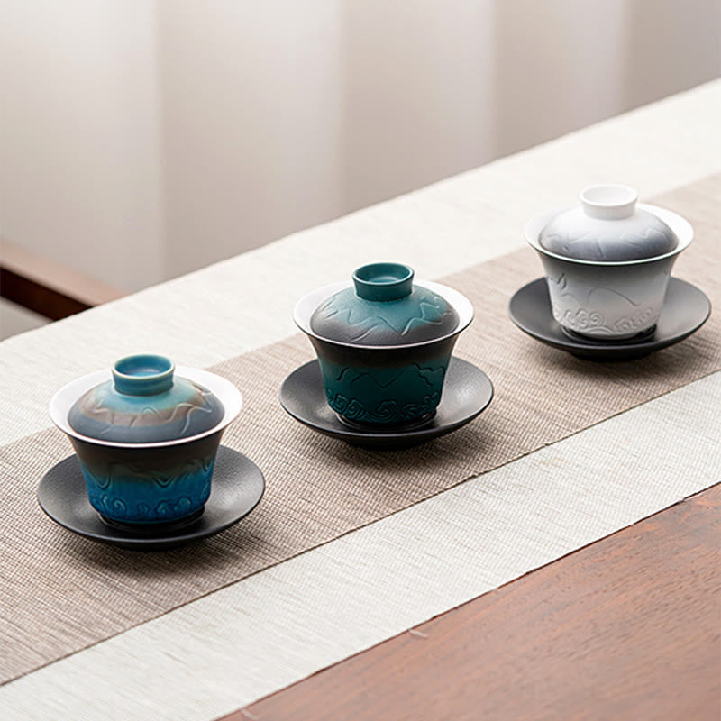 Blau-schwarze Gaiwan-Teetasse aus Keramik mit Farbverlauf | 120 ml Fassungsvermögen