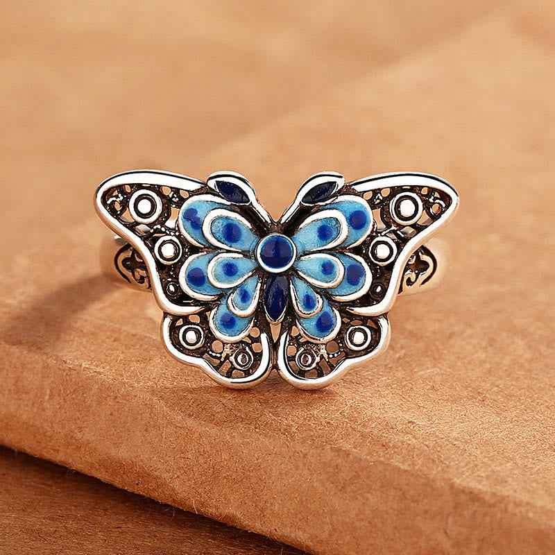 Spiritueller Kupferring mit blauem Schmetterling für Liebe und Transformation