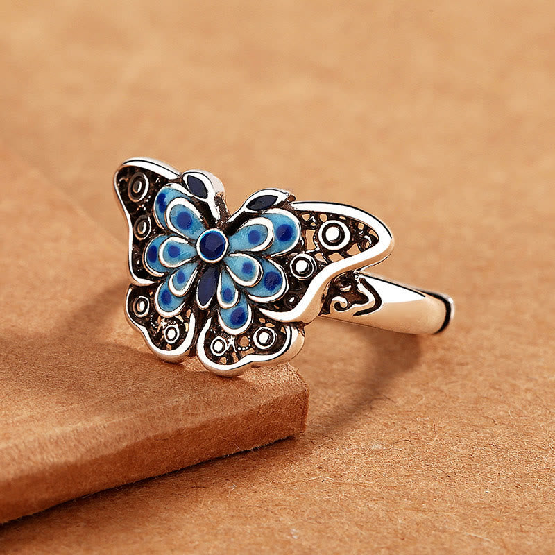 Spiritueller Kupferring mit blauem Schmetterling für Liebe und Transformation