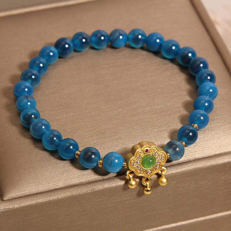 Armband aus blauem Candy-Achat mit chinesischem Schloss-Anhänger zum Schutz